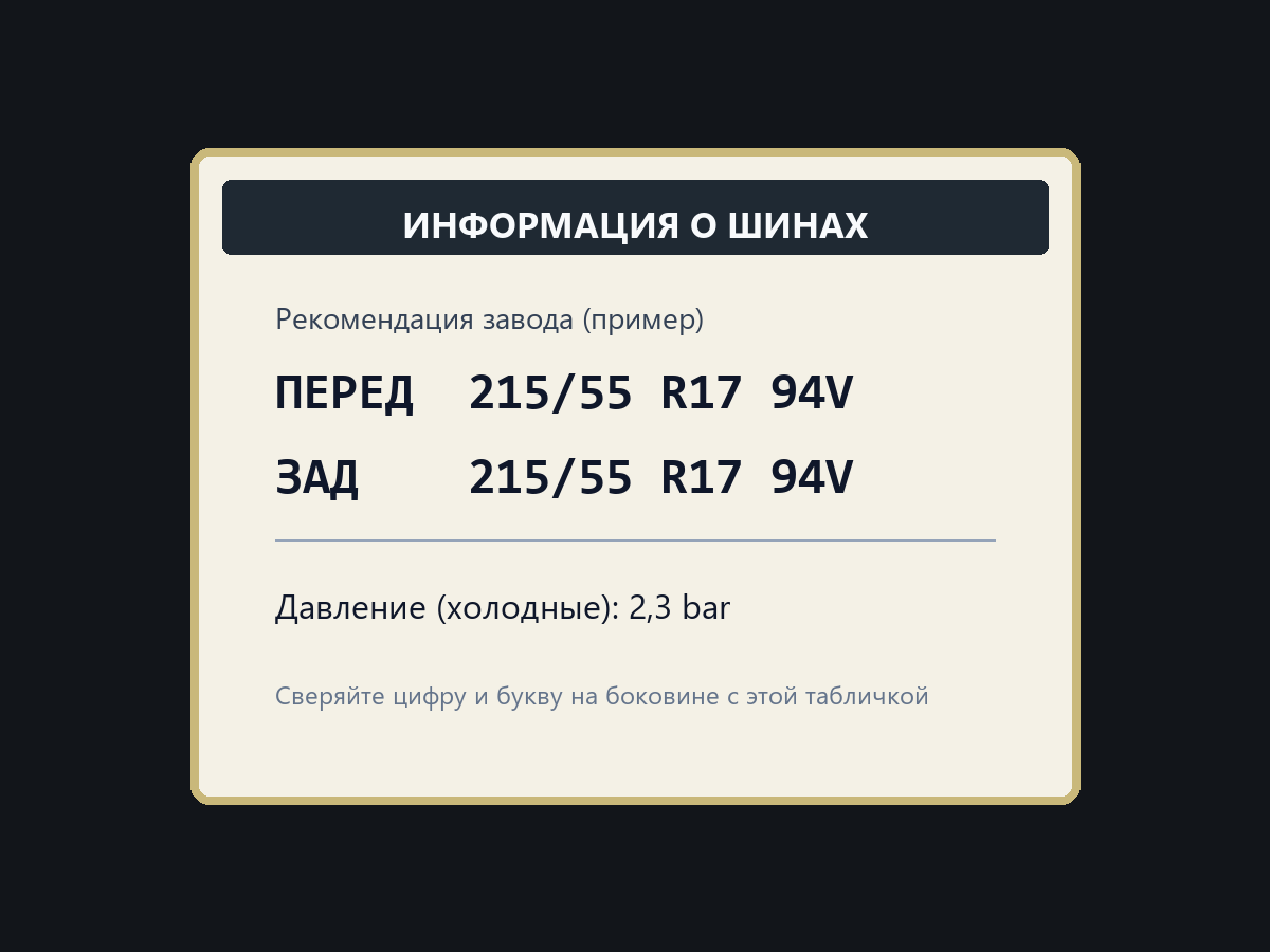 Пример таблички в проёме двери: размер и индексы 215/55 R17 94V